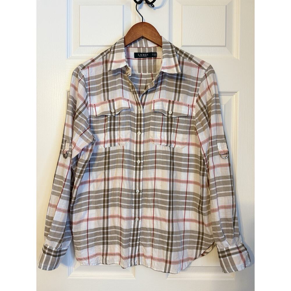 Lauren Ralph Lauren Petite Large Plaid Button Shirt Roll Tab Sleeves